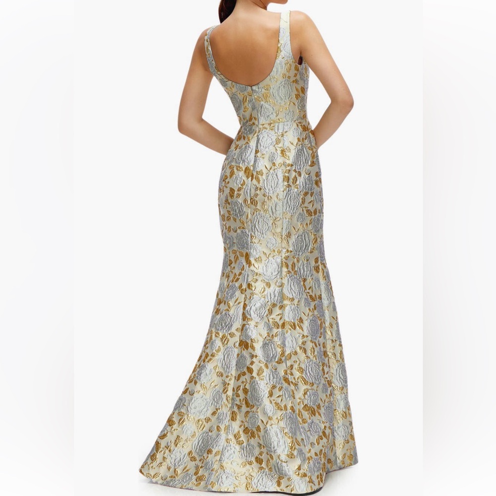 Dessy Collection Metallic Gold and Silver Floral Jacquard Maxi Dress - Picture 4 of 10